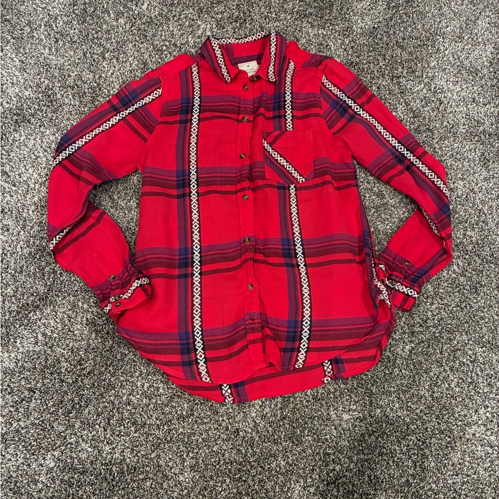American Eagle Outfitters Red and Purple Plaid Shirt Western Size M